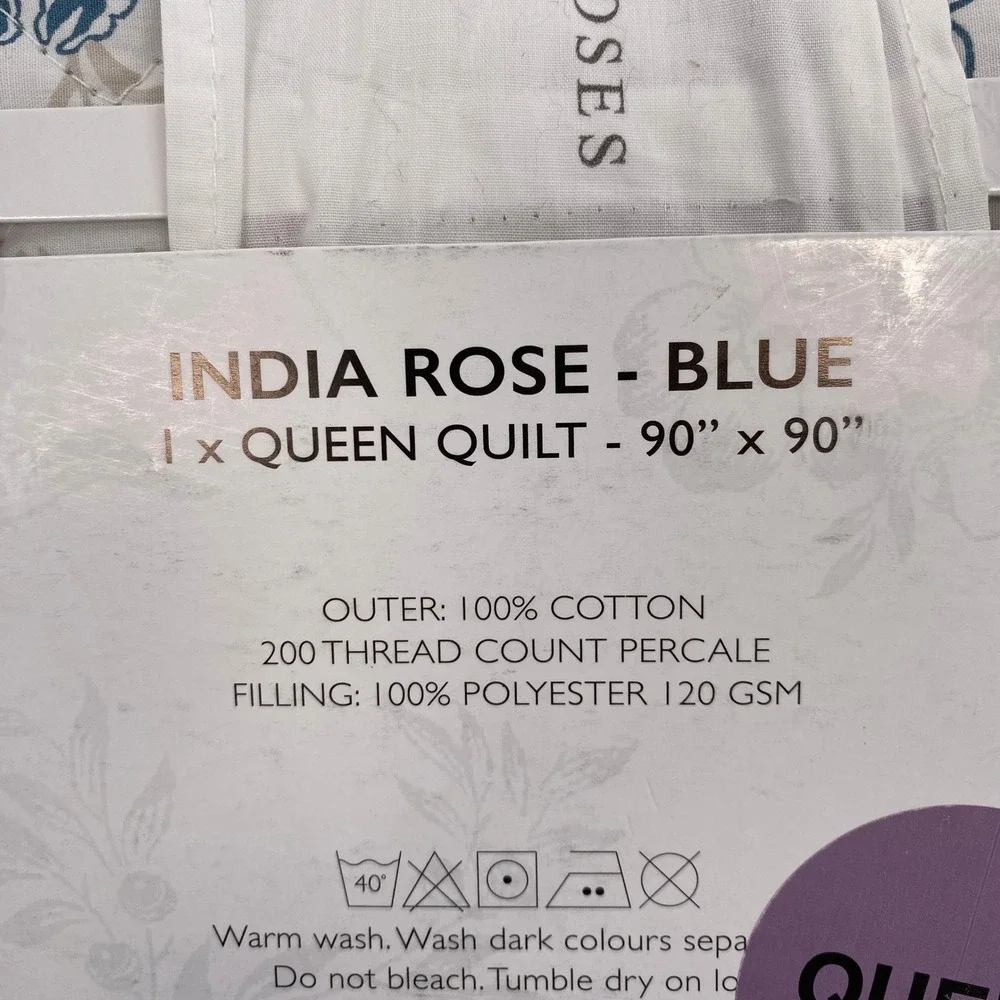 Cabbages & Roses India Rose Queen Quilt Blue Floral Cotton Percale Cottagecore